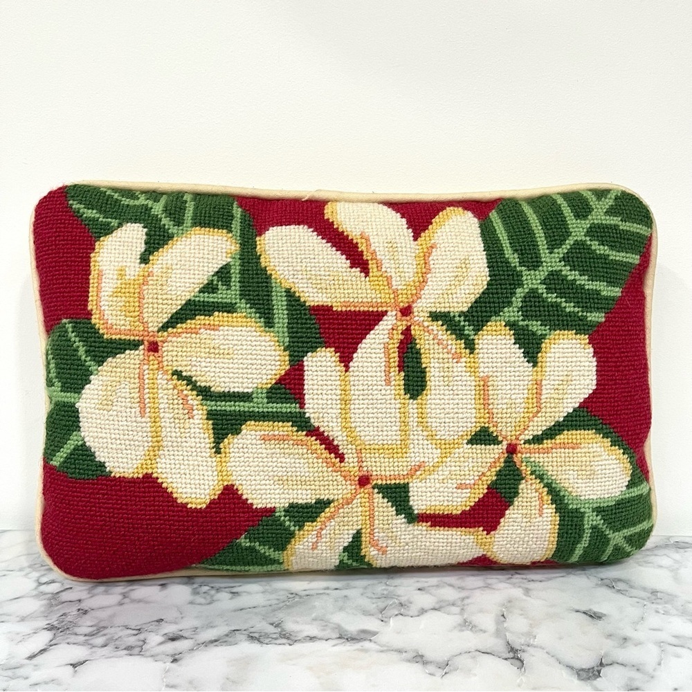 Handmade Red floral needlepoint throw pillow rectangle cream magnolia flowers